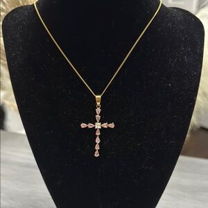 Gold Necklace with Pink Gemstone Cross Pendant